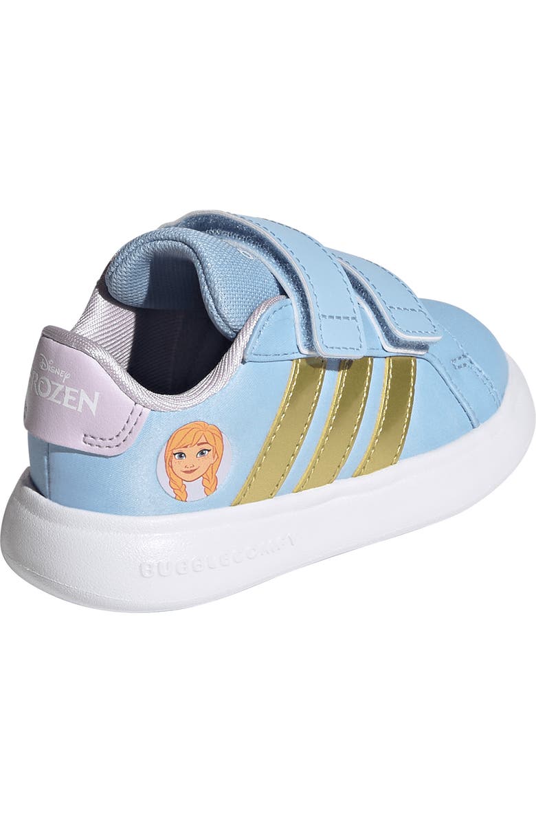 adidas x Disney<sup>®</sup> Kids' Grand Court Anna Sneaker, Alternate, color, Glow Blue/ Gold / Lavender