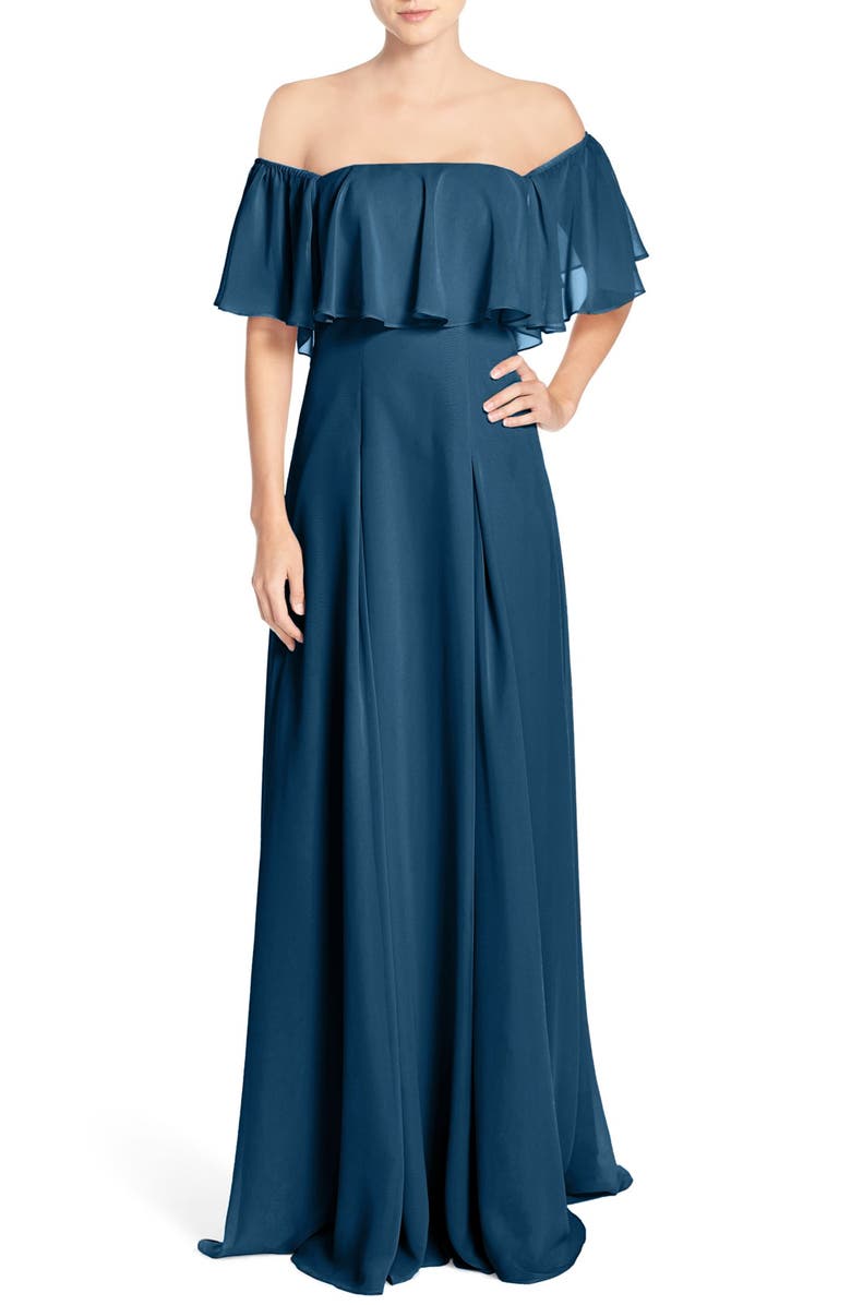 Monique Lhuillier Bridesmaids Off the Shoulder Chiffon Gown, Main, color, 