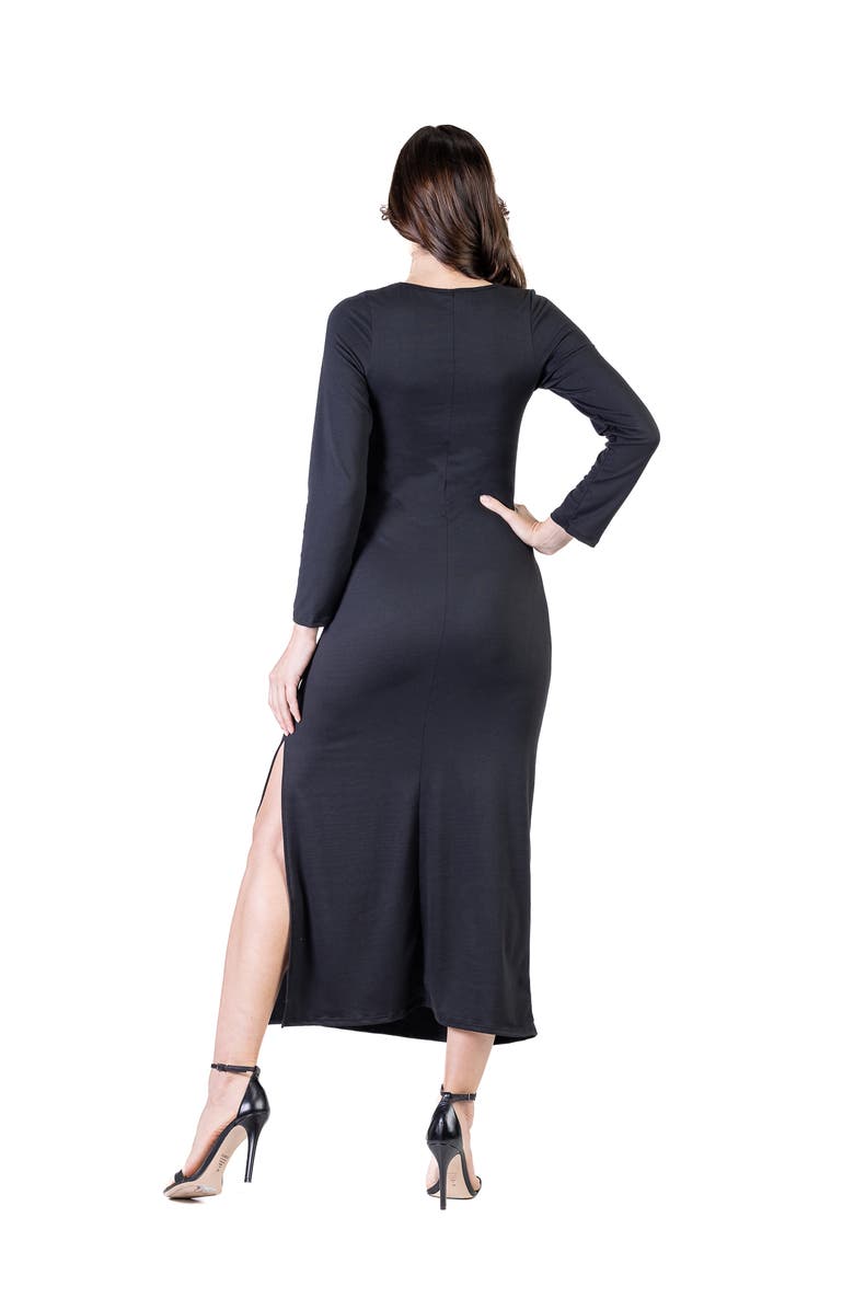 24seven Comfort Apparel Long Sleeve Side Slit Fitted Black Maxi Dress, Alternate, color, Black