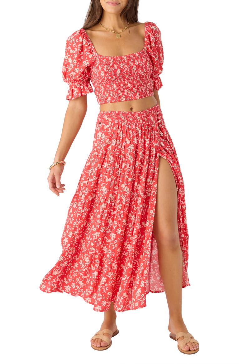Luciana Floral Smocked Waist Wrap Maxi Skirt, Alternate, color, CAYENNE