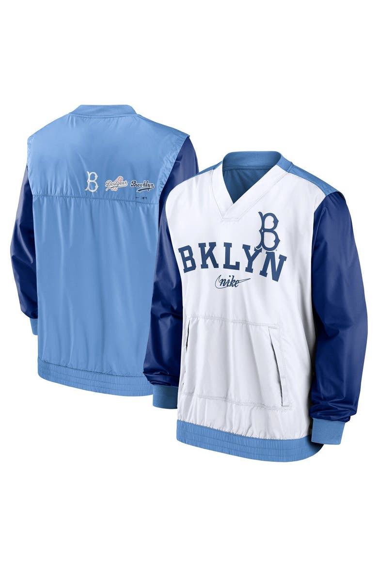 Men's Nike White/Light Blue Los Angeles Dodgers Rewind Warmup V-Neck Pullover Jacket, Main, color, White