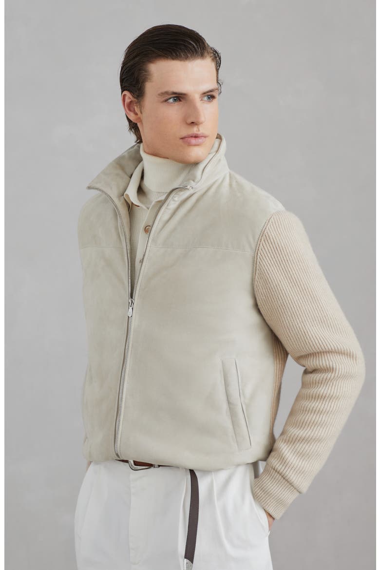 Suede bomber jacket with quilting, Alternate, color, Natural