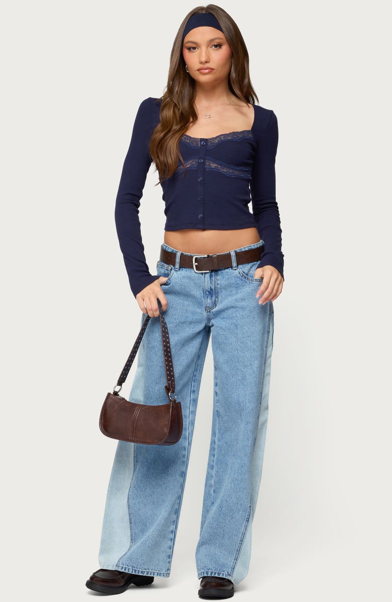 EDIKTED Kathi Lace Trim Long Sleeve Button-Up Shirt, Alternate, color, Navy