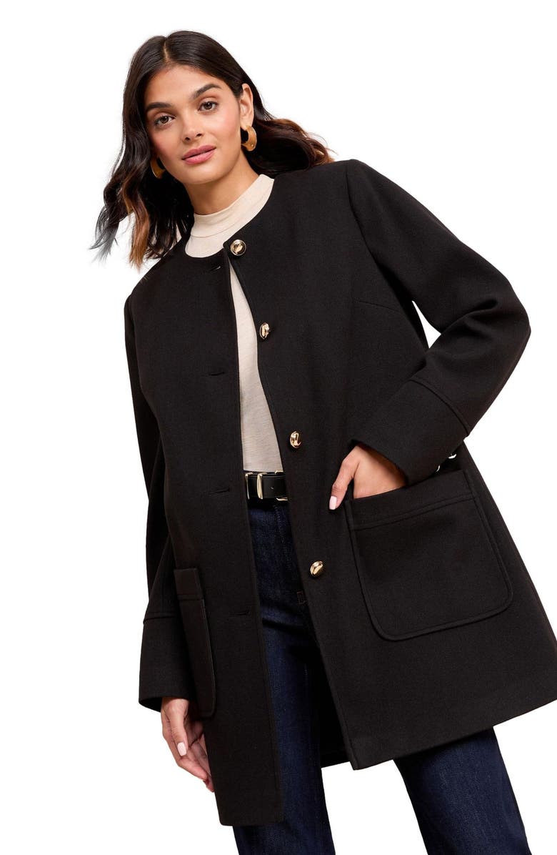 Friends Like These Collarless Swing Coat, Alternate, color, Black