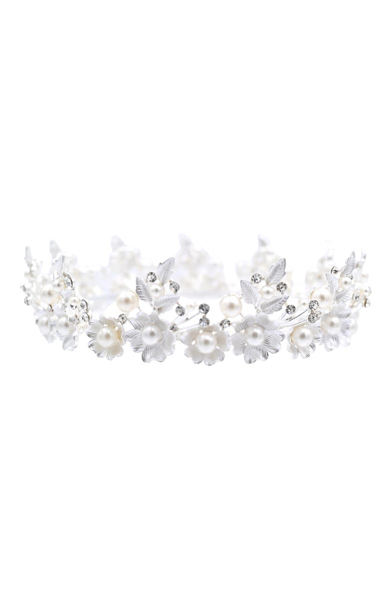 Tulleen Crystal Pearl Floral Crown, Main, color, Silver