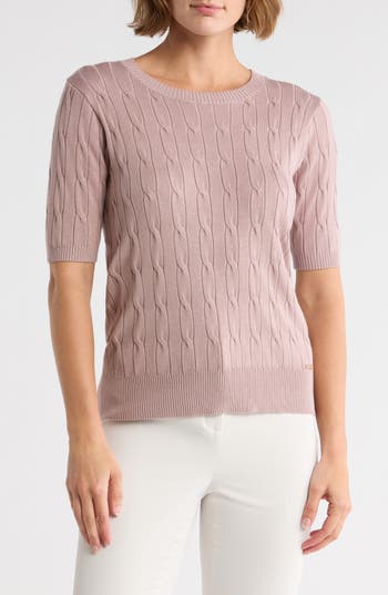 T Tahari Elbow Sleeve Cable Knit Sweater In Pink