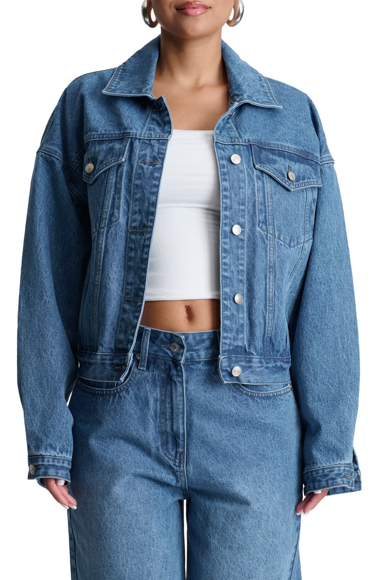 Naked Wardrobe Oversize Denim Trucker Jacket, Main, color, Medium Wash