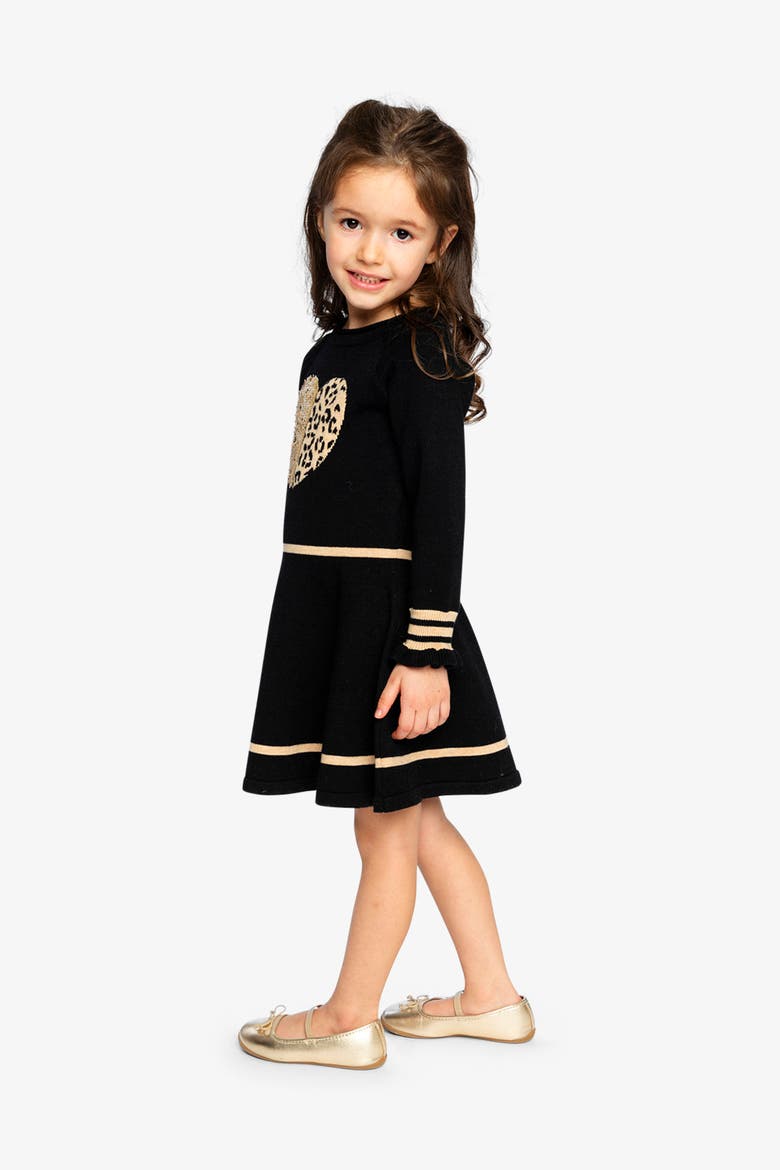 Heart Graphic Ruffle Cuff Pleated Knit Dress, Alternate, color, Black and Beige