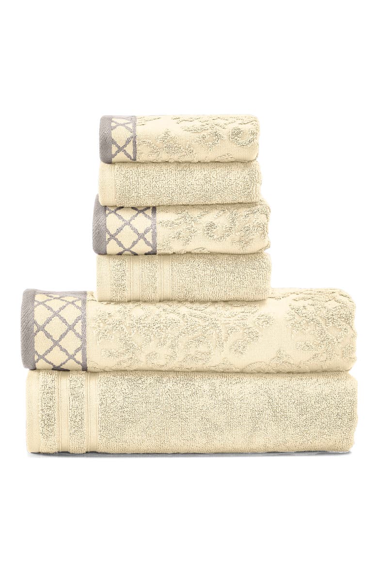 Embellished Border Damask Jacquard Towel 6-Piece Set - Grey, Main, color, ivory