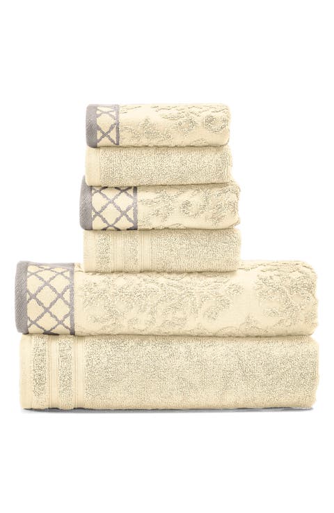 Embellished Border Damask Jacquard Towel 6-Piece Set - Grey