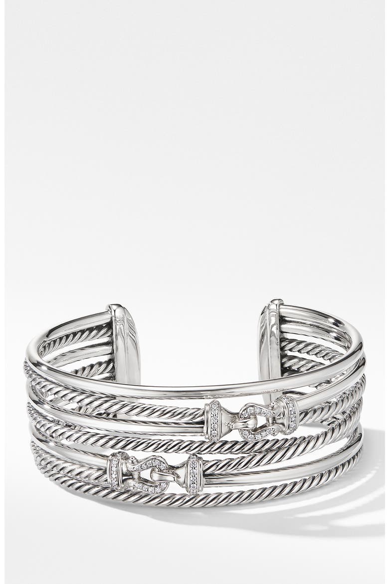 Buckle Crossover Cuff Bracelet with Diamonds, Main, color, SILVER/ DIAMOND