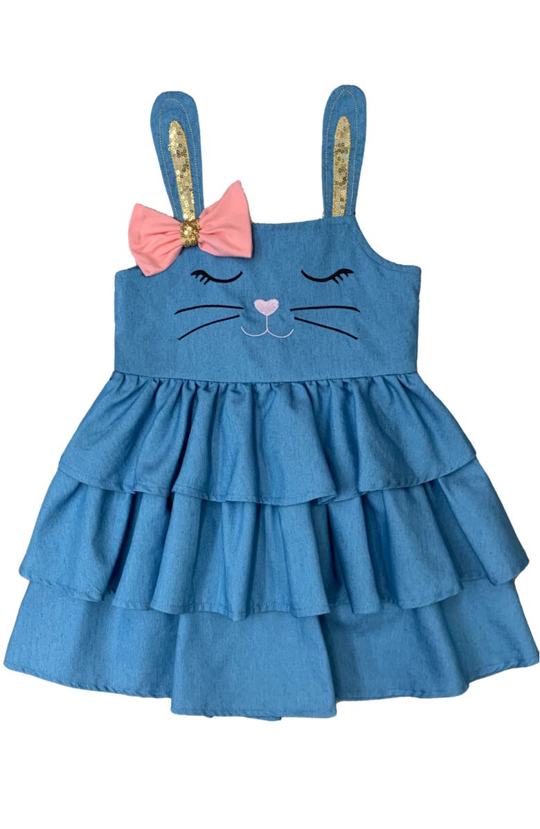 Mia Belle Girls Girls Bunny Dreams Ruffle Denim Easter Dress, Main, color, Blue
