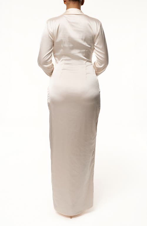 Jluxlabel Front Wrap Long Sleeve Satin Maxi Dress In Neutral