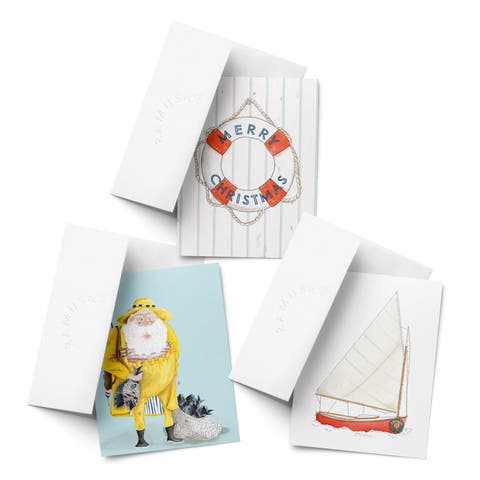 Lifebouy Merry Christmas, Santa Fisherman, Holiday Sailboat Winter/Holiday/Christmas Greeting Card Pack Sets (3 ct, Assorted)