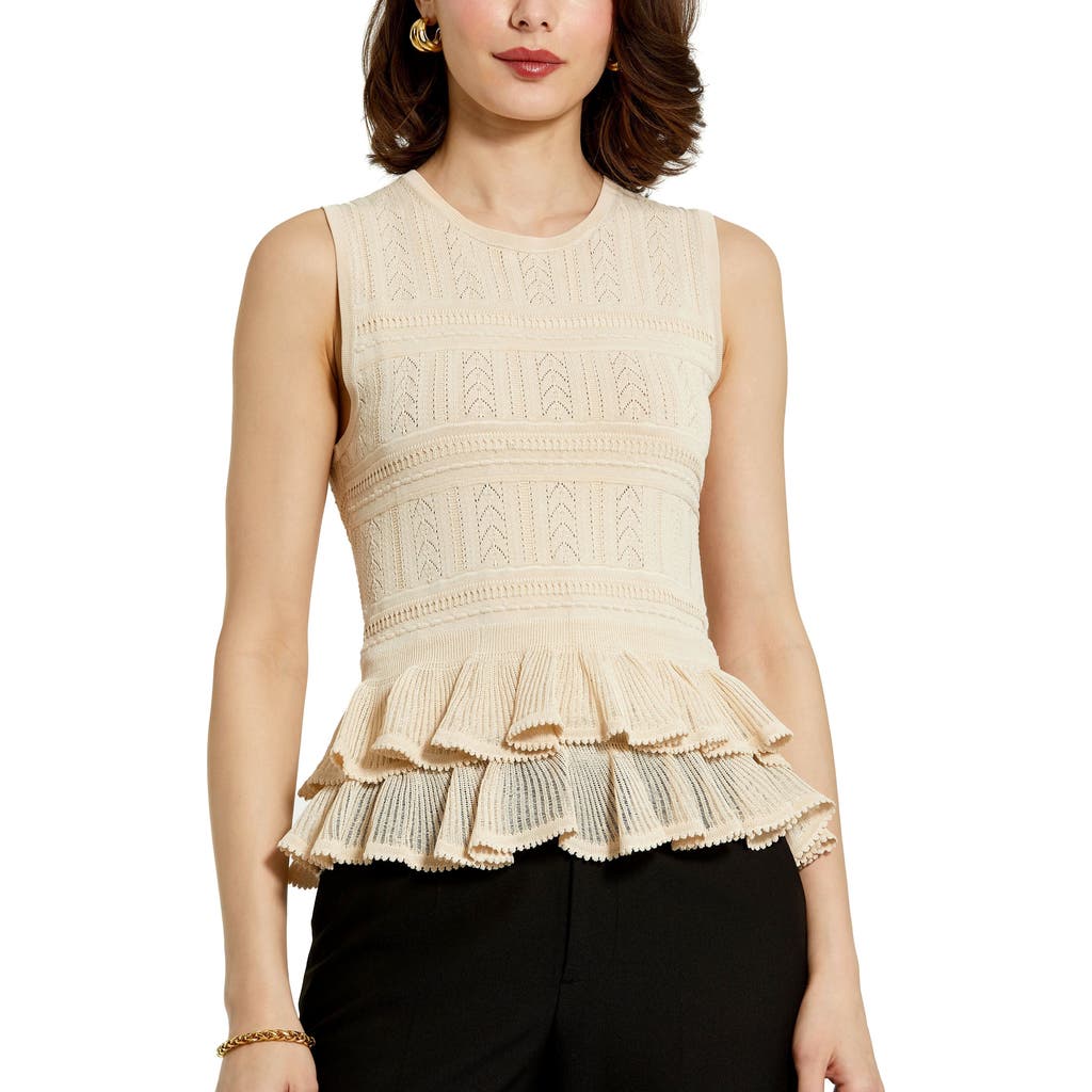 Mac Duggal Sleeveless High Neck Knit Top With Ruffle Hem In Oat