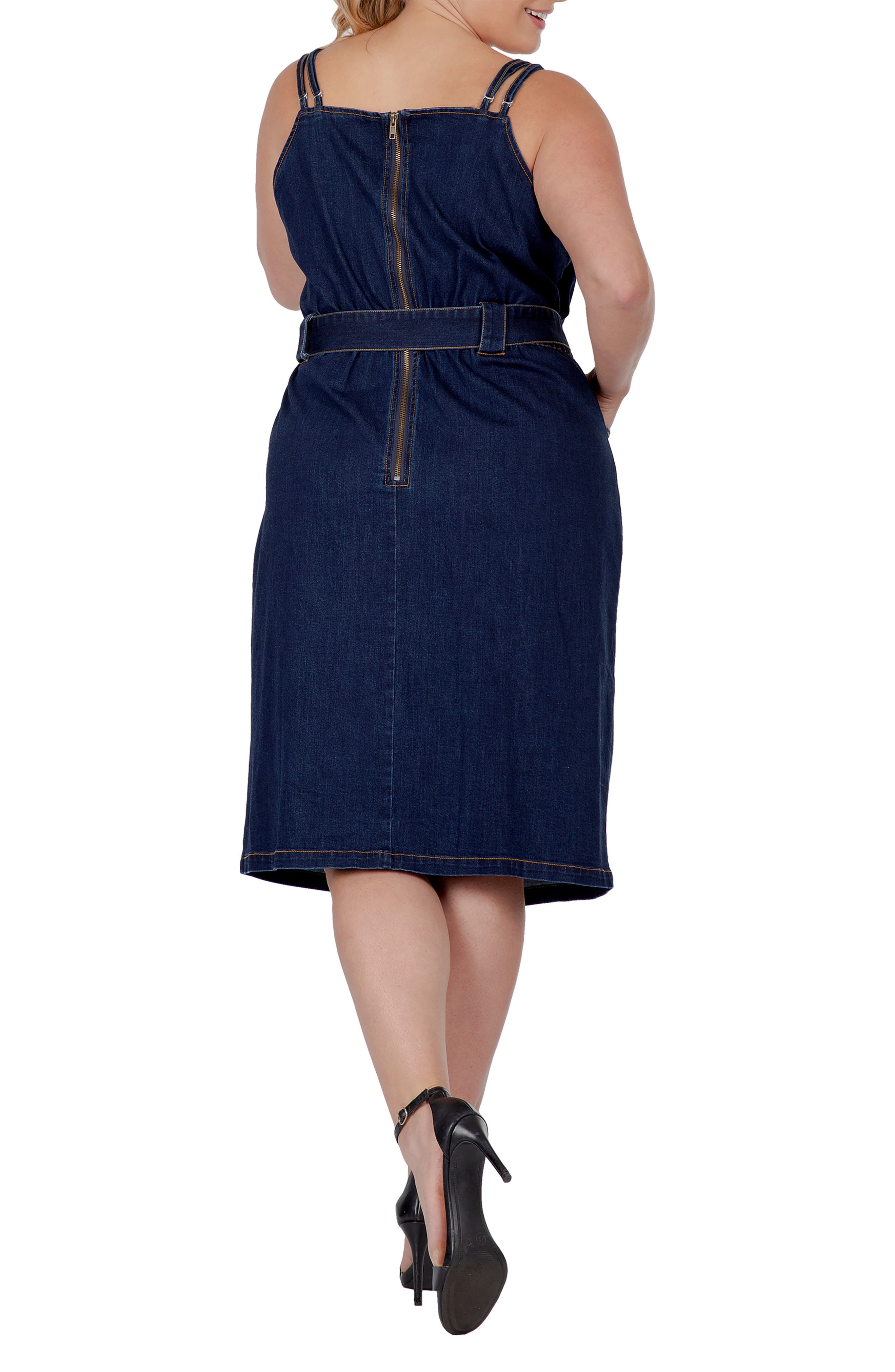 Double Strap Tie Waist Denim Midi Dress - image 2