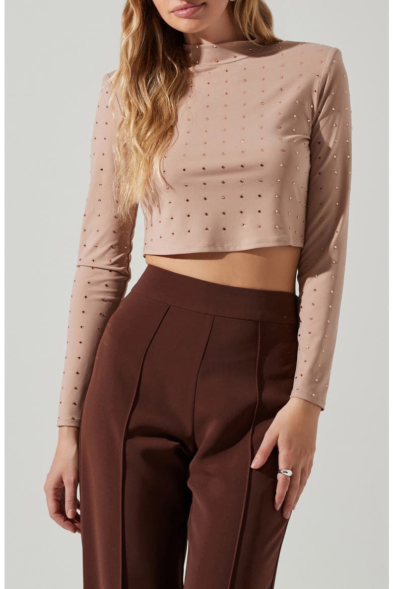 Esther Studded Long Sleeve Crop Top, Main, color, BEIGE