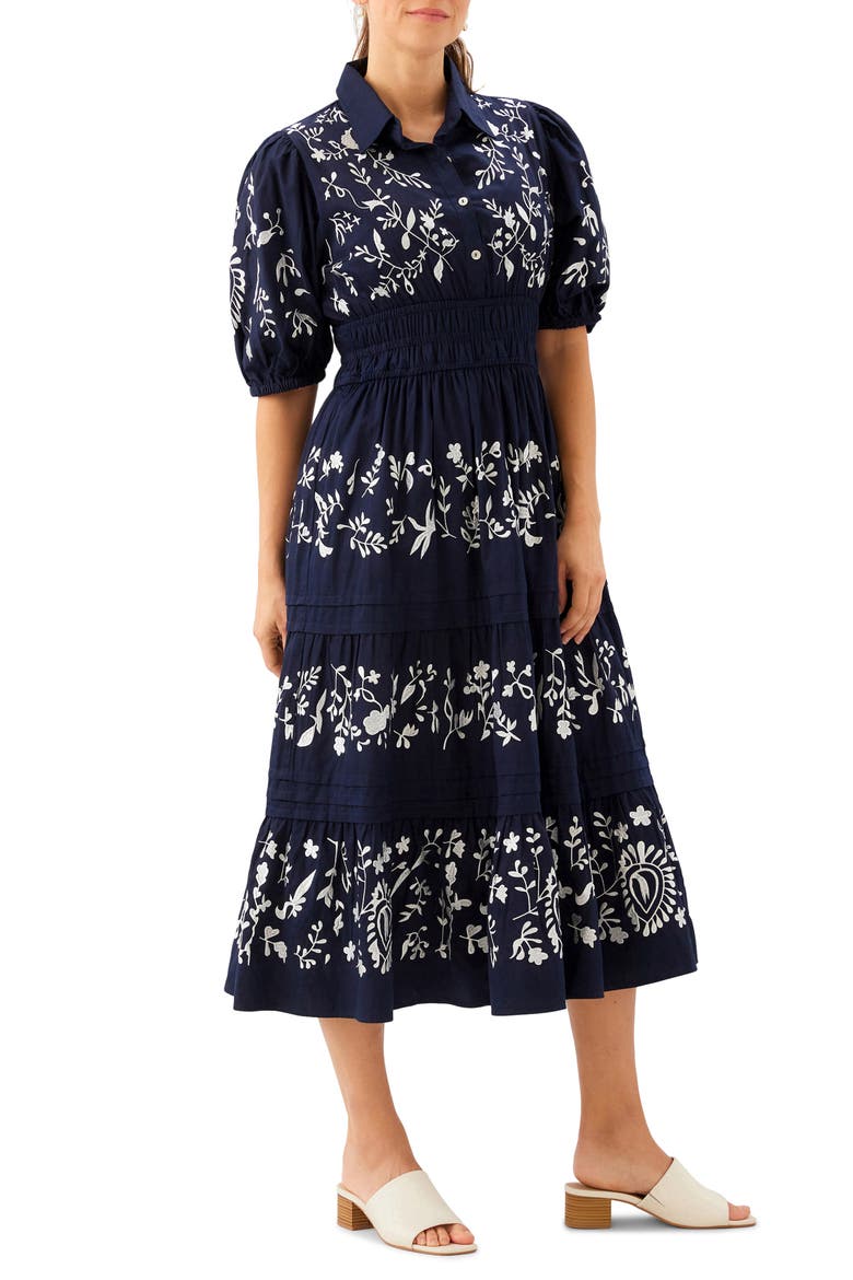 Embroidered Puff Sleeve Tiered Midi Dress, Alternate, color, NAVY