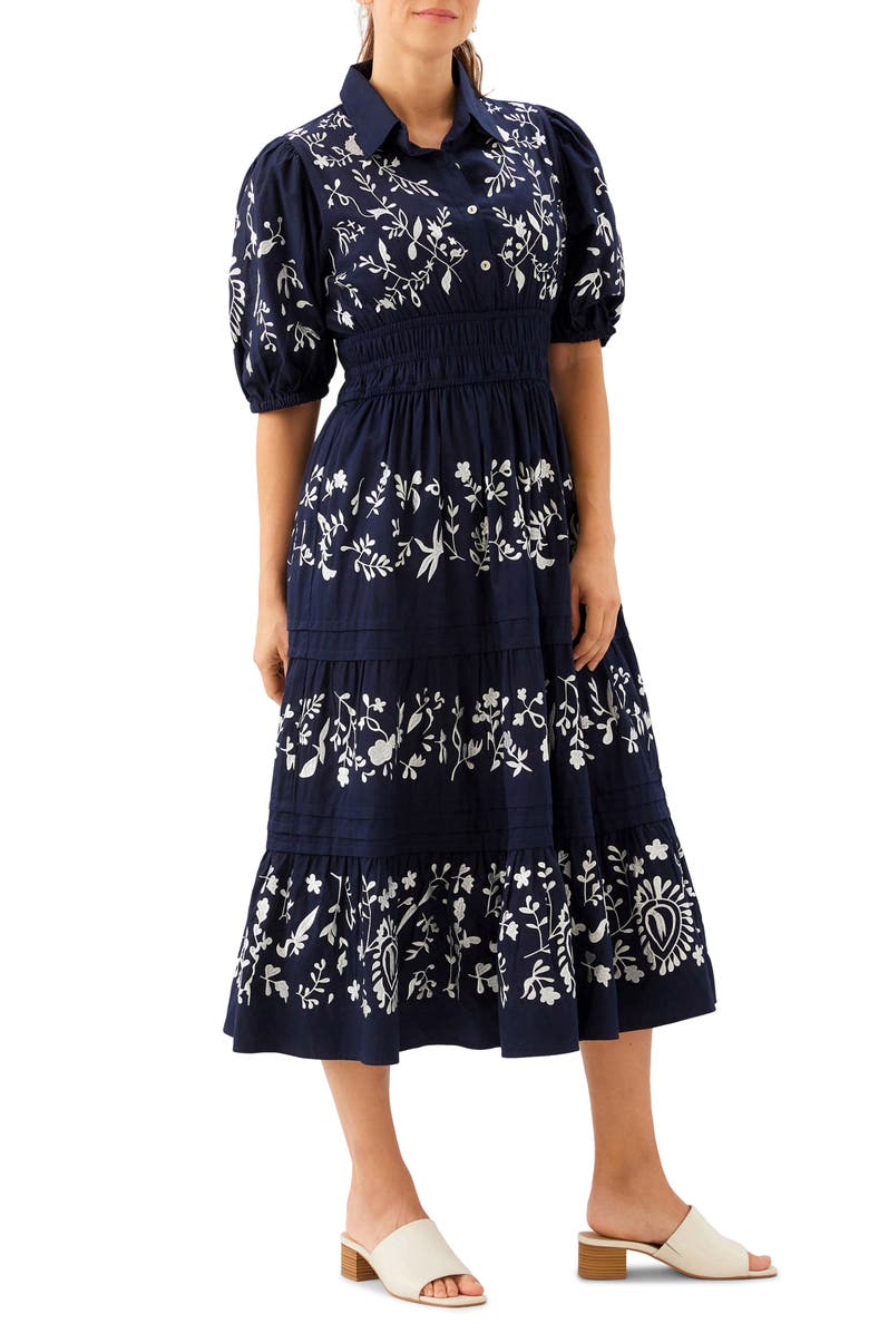 Karen Kane Embroidered Puff Sleeve Tiered Midi Dress, Alternate, color, Navy