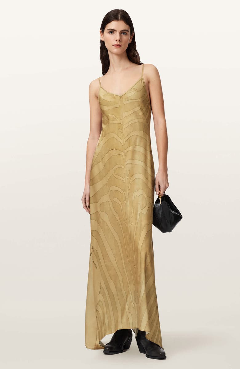 AllSaints Leona Handkerchief Hem Maxi Slipdress, Alternate, color, Zebra Sand Gold