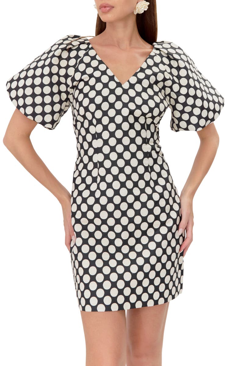 Adelyn Rae Willow Puff Sleeve Dot Jacquard Sheath Dress, Alternate, color, Black