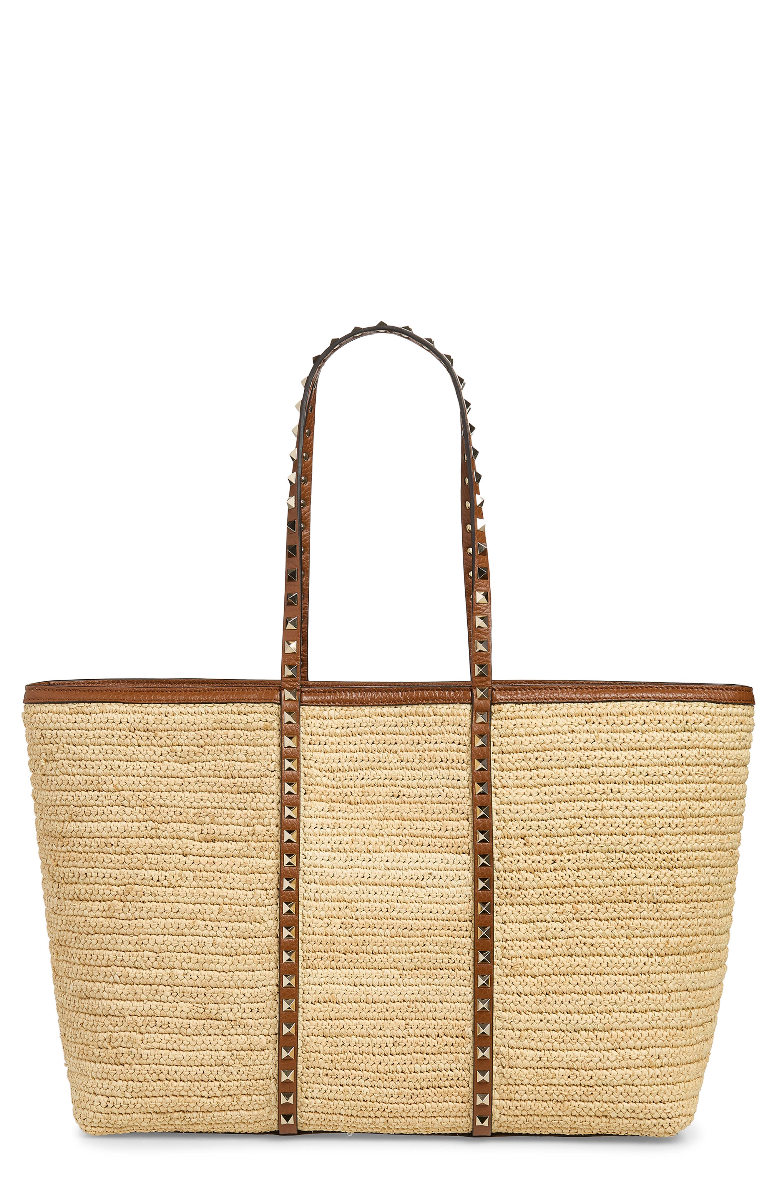 Valentino Garavani Rockstud Crochet Raffia Tote, Main, color, Natural
