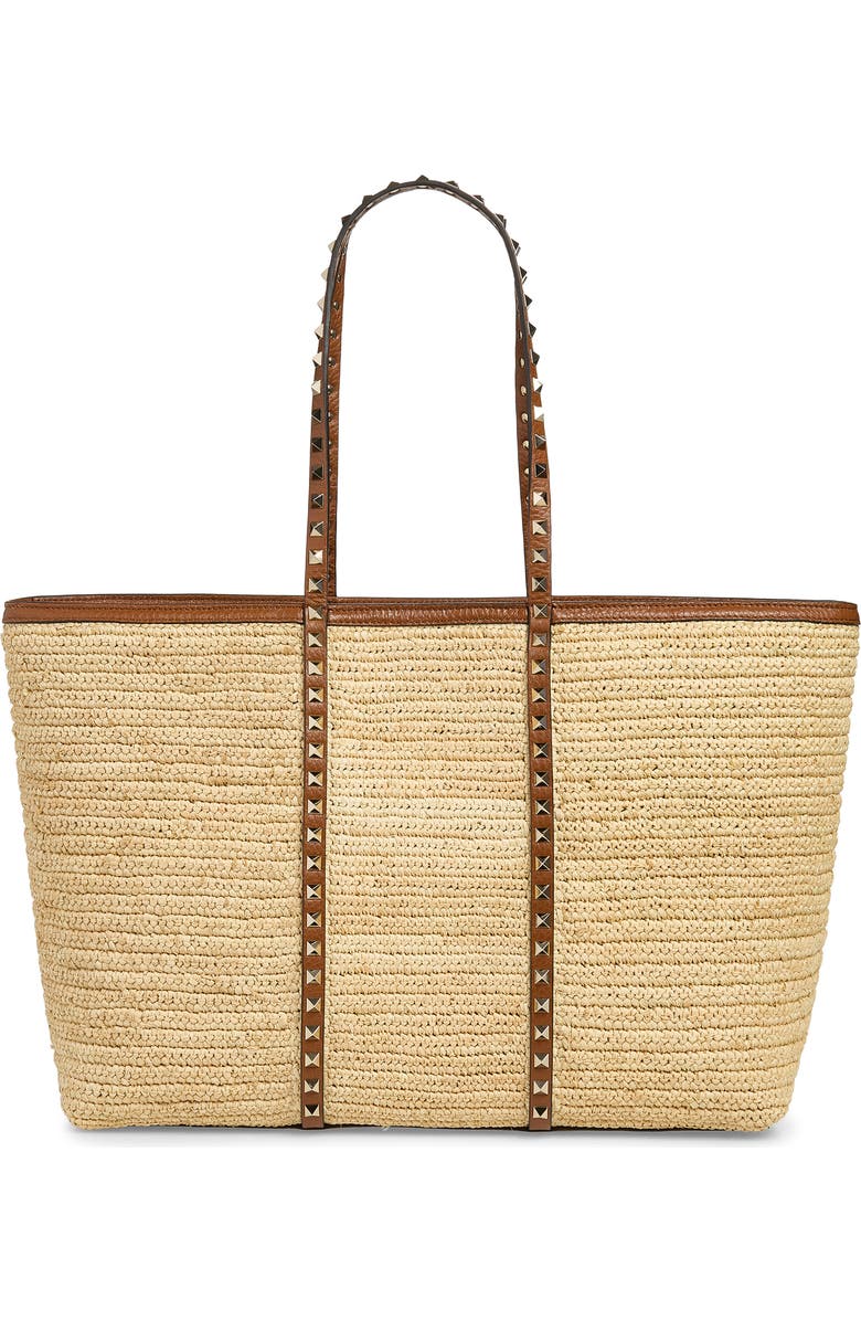 Valentino Garavani Rockstud Crochet Raffia Tote, Main, color, Natural