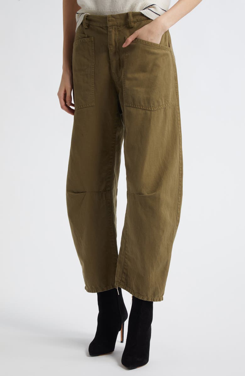 Nili Lotan Shon Barrel Leg Cotton & Linen Twill Pants, Alternate, color, Olive Green