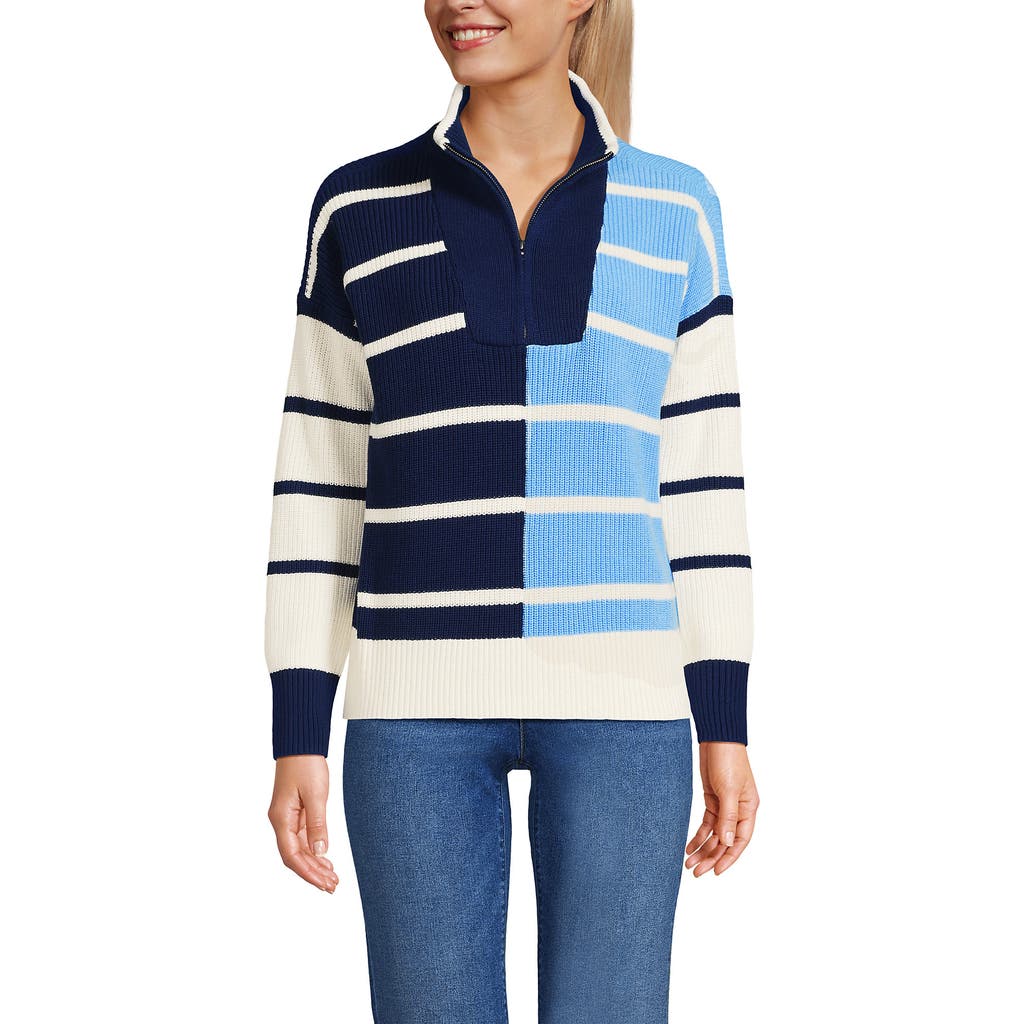 Lands' End Drifter Cotton Quarter Zip Pullover Sweater In Deep Sea/fresh Ivory Stripe