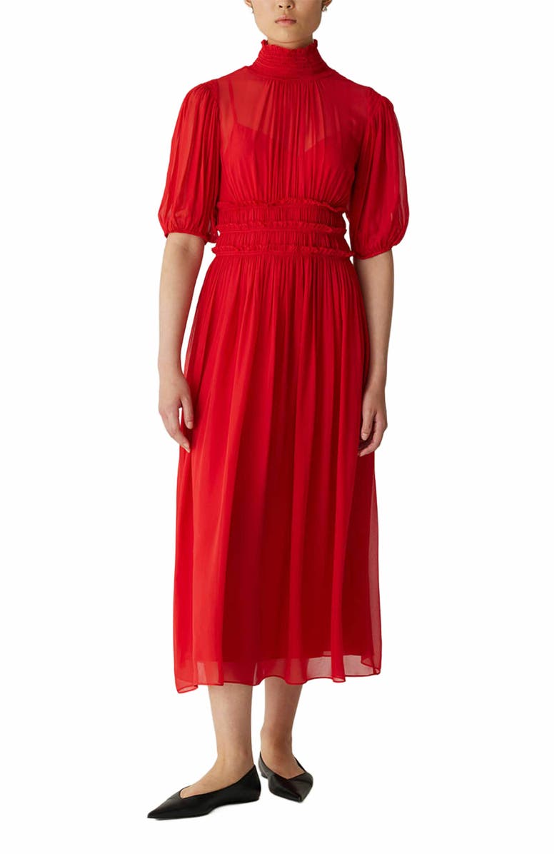 Rebecca Taylor Viscose Chiffon Smocked Waist Dress, Main, color, Red Lip