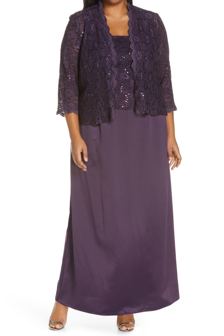 Alex Evening A-Line Gown & Lace Jacket, Main, color, EGGPLANT