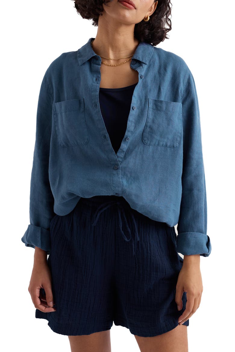 Hazel Branch Linen Button-Up Shirt, Main, color, DUSK