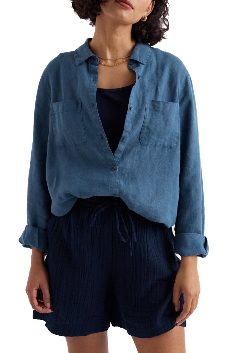 Seasalt Cornwall Hazel Branch Linen Button-Up Shirt, Main, color, Dusk