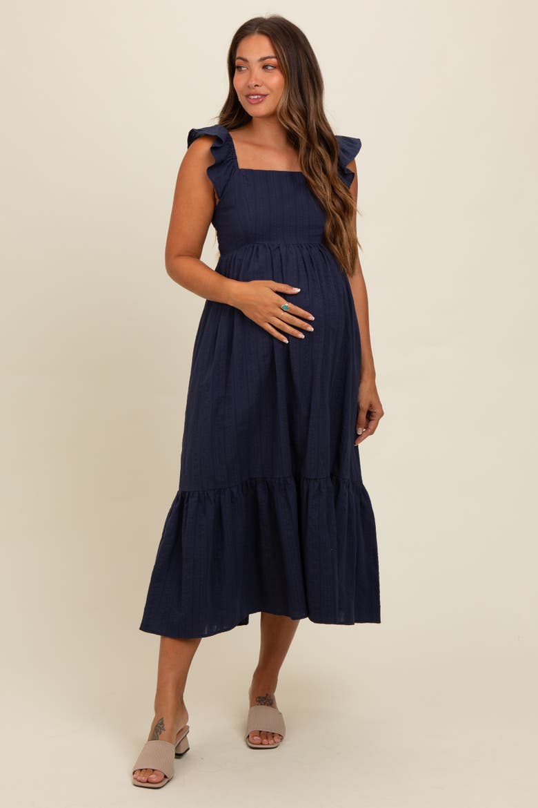 Textured Cotton Ruffle Strap Midi Dress, Main, color, Navy Blue