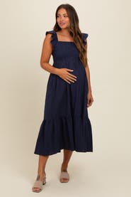 PinkBlush Textured Cotton Ruffle Strap Midi Dress