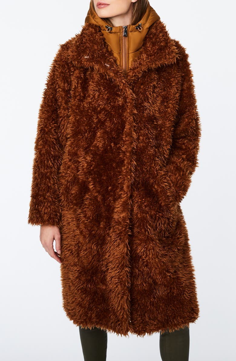 Bernardo Shaggy Faux Fur Coat with Removable Hooded Insert, Alternate, color,