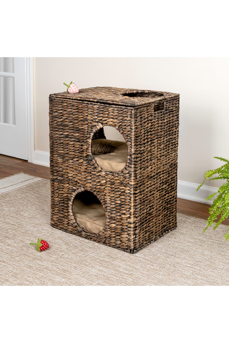 Jaxon 18" 2-Tier Handwoven Hyacinth Rectangular 5-Hole Cat Condo, 2 Machine-Washable Cushions, Alternate, color, Brown