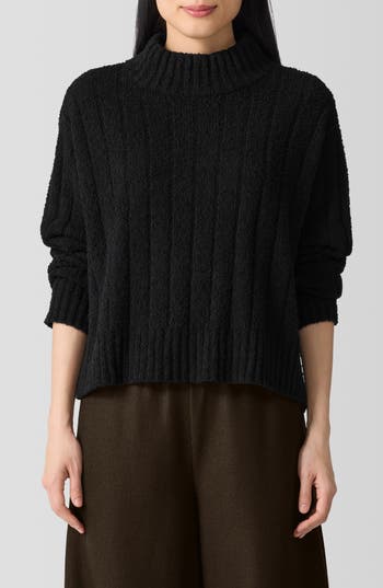 Eileen Fisher Cotton Fluff Rib Turtleneck Top In Black