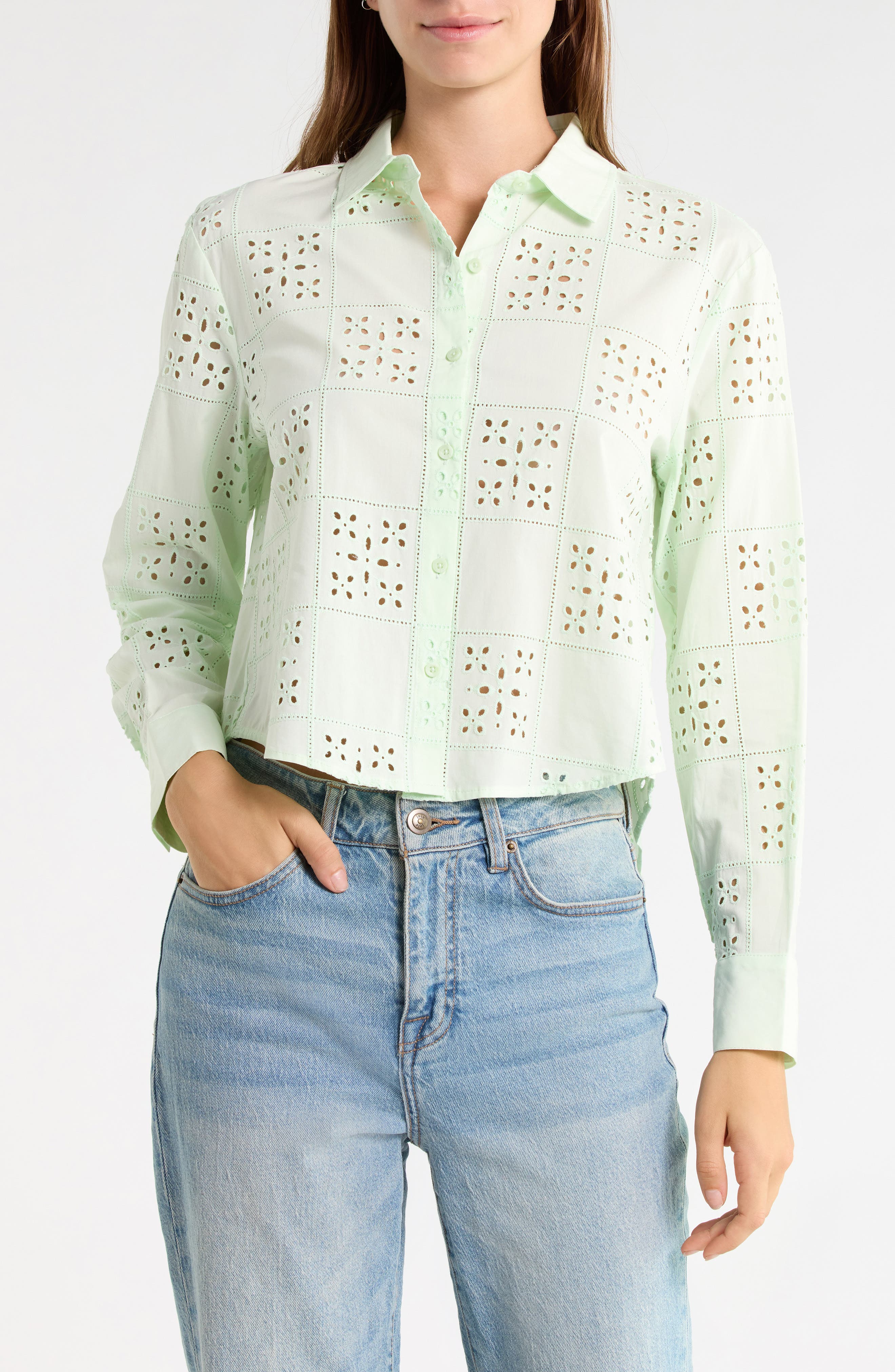 Embroidered Eyelet Button-Up Shirt
