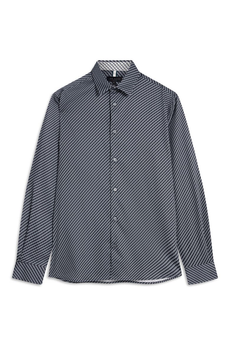 Grelish Slim Fit Geo Print Stretch Cotton Button-Up Shirt, Alternate, color, TEAL-BLUE