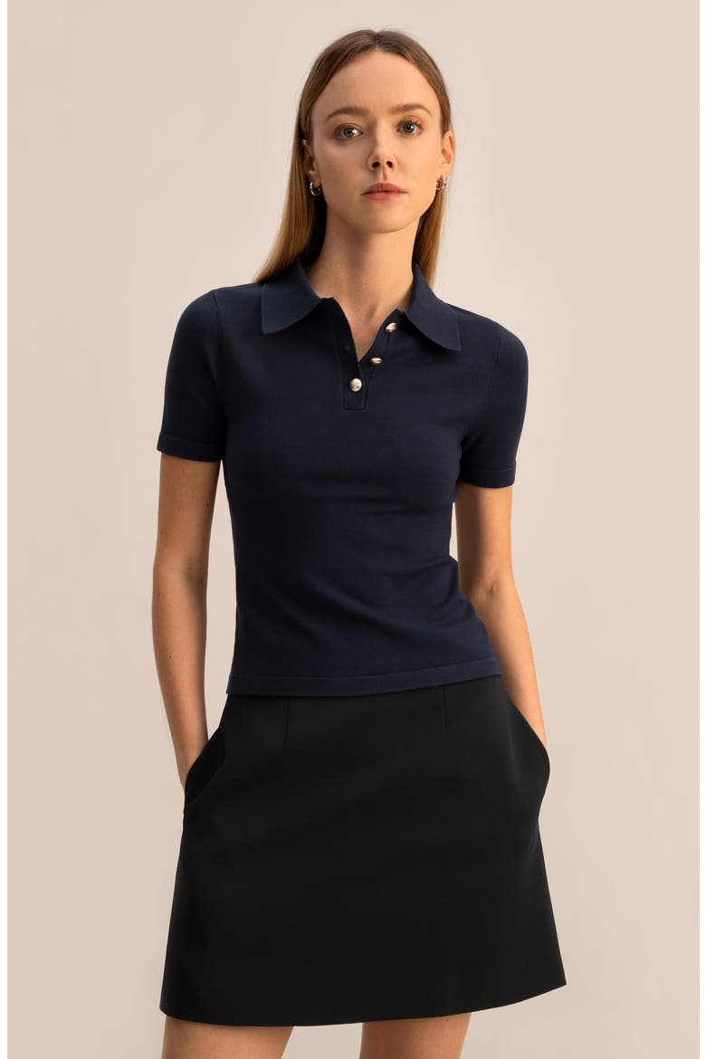 Short Sleeve Silk Polo Shirt, Alternate, color, Navy Blue