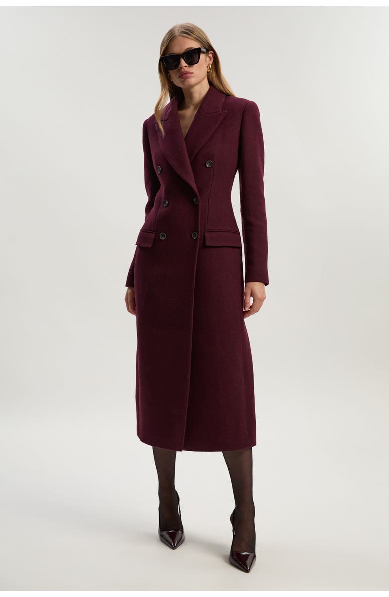 Karen Millen Wool Double Breasted Tailored Midi Coat, Main, color, Burgundy