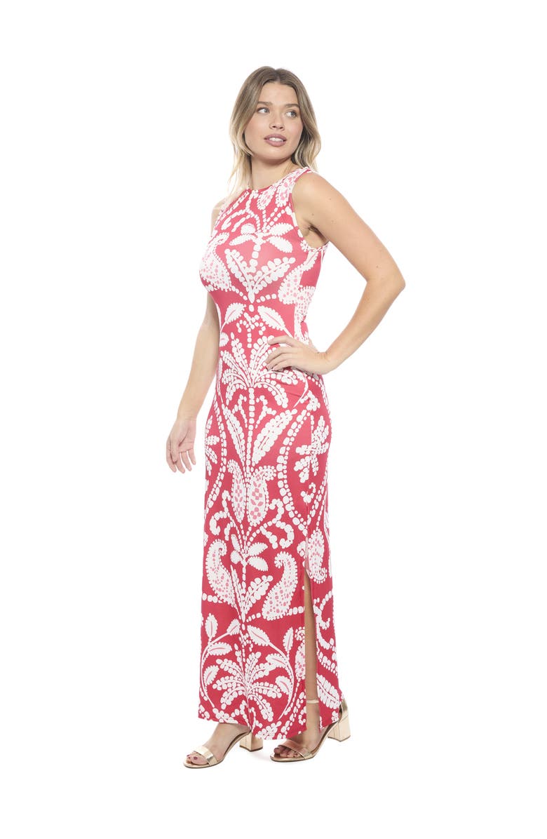 24seven Comfort Apparel Womens Essential Paisley Sleeveless Side Slit Bodycon A-Line Maxi Dress, Alternate, color, Red Multi