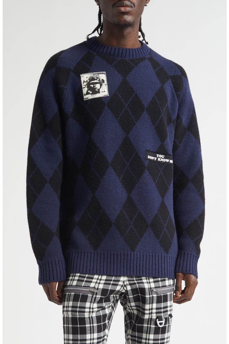 Embroidered Patch Argyle Plaid Wool Blend Sweater, Main, color, NAVY BASE