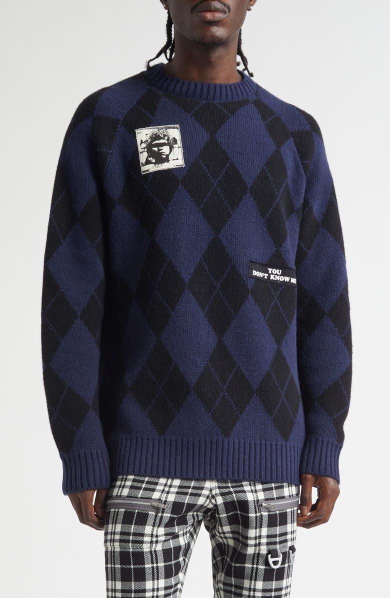Undercover Embroidered Patch Argyle Plaid Wool Blend Sweater, Main, color, Navy Base