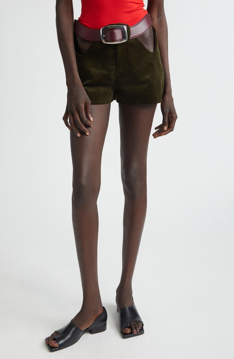 Jean Paul Gaultier The Curved Belted Corduroy Shorts, Main, color, Olive Green