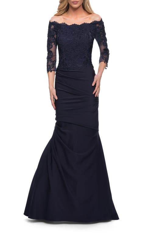 La Femme Satin Mermaid Gown with Off the Shoulder Lace Bodice in Navy 