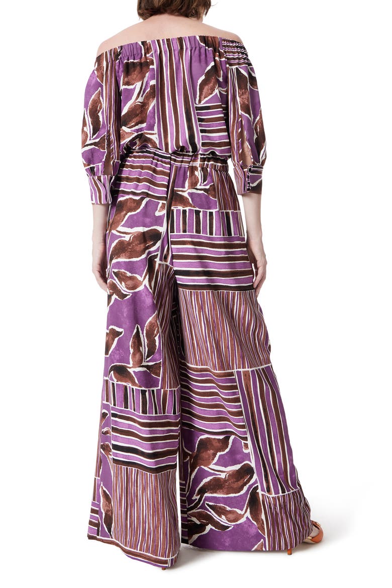Print Off the Shoulder Wide Leg Jumpsuit, Alternate, color, BLACK PLUM