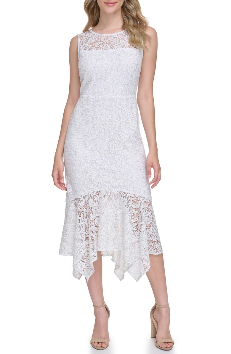 Kensie Floral Lace Asymmetric Dress, Main, color, Ivory Silver