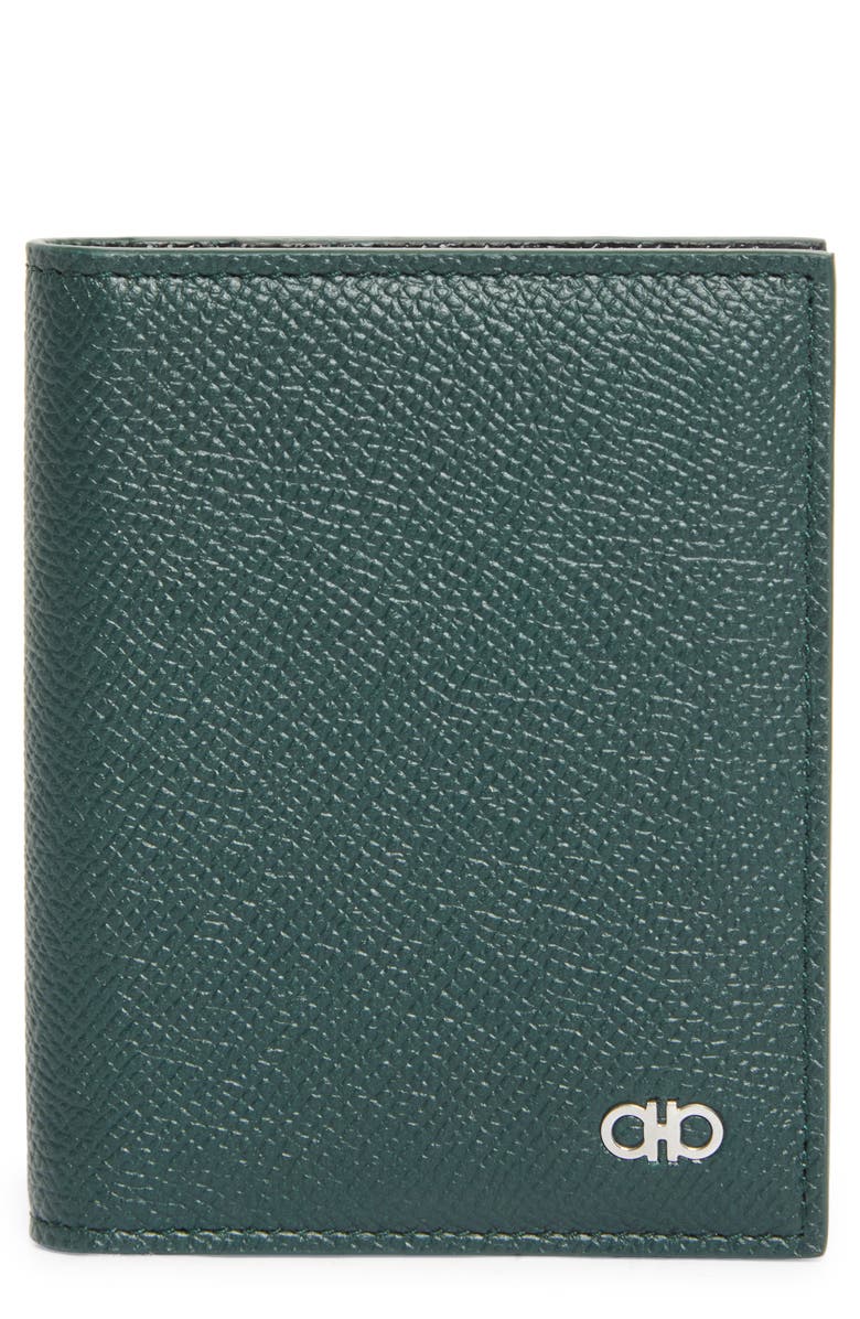 FERRAGAMO Micro Gancio Leather Bifold Wallet, Main, color, Moss
